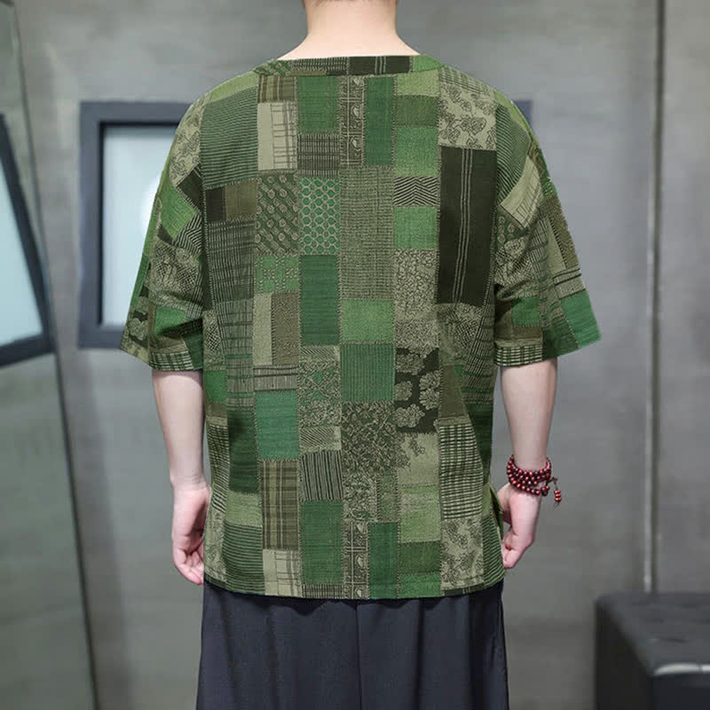 Buddha Stones Camicia da uomo estiva casual a maniche corte con motivo patchwork a quadri e taschino applicato, in stile boho. - image 4
