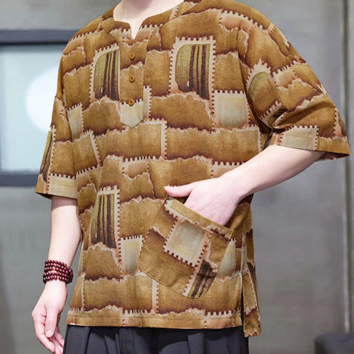 Buddha Stones Camicia da uomo estiva casual a maniche corte con motivo patchwork a quadri e taschino applicato, in stile boho. - image 14