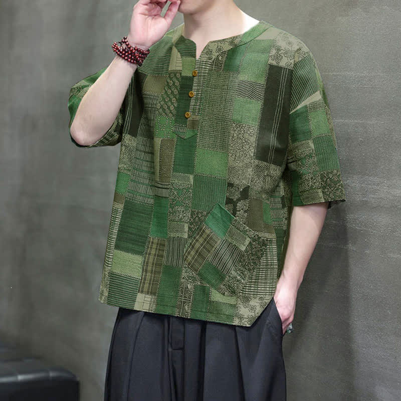 Buddha Stones Camicia da uomo estiva casual a maniche corte con motivo patchwork a quadri e taschino applicato, in stile boho. - image 8