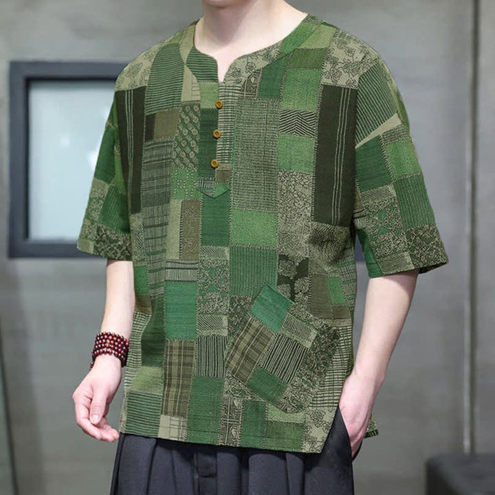 Buddha Stones Camicia da uomo estiva casual a maniche corte con motivo patchwork a quadri e taschino applicato, in stile boho. - Verde studentesco - US/UK/AU46, EU56 (5XL) - image 0