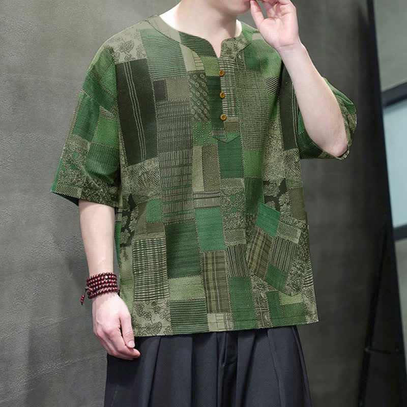 Buddha Stones Camicia da uomo estiva casual a maniche corte con motivo patchwork a quadri e taschino applicato, in stile boho. - image 7