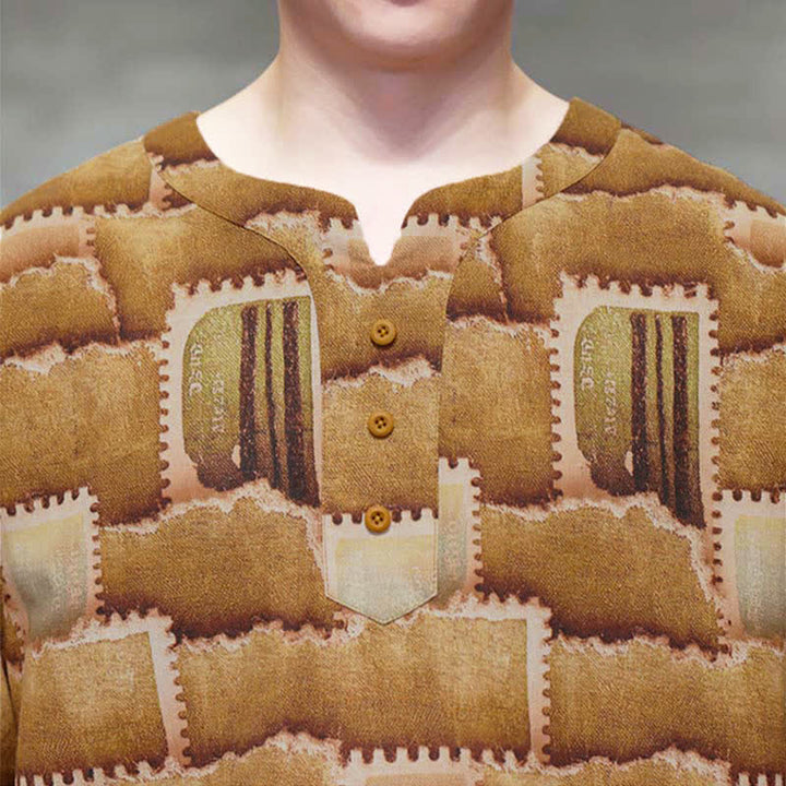 Buddha Stones Camicia da uomo estiva casual a maniche corte con motivo patchwork a quadri e taschino applicato, in stile boho. - image 18
