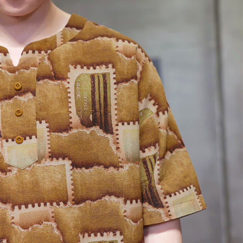 Buddha Stones Camicia da uomo estiva casual a maniche corte con motivo patchwork a quadri e taschino applicato, in stile boho. - image 19