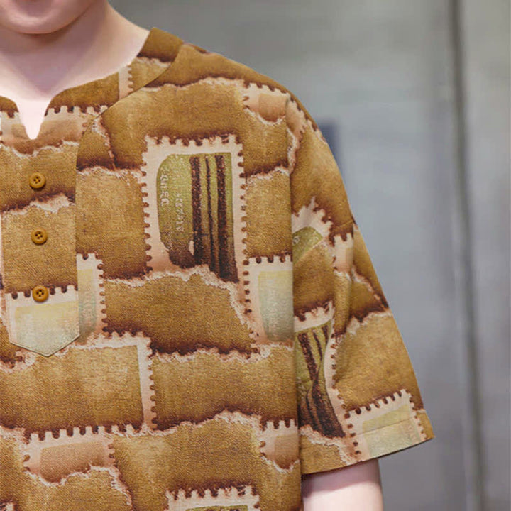 Buddha Stones Camicia da uomo estiva casual a maniche corte con motivo patchwork a quadri e taschino applicato, in stile boho. - image 19