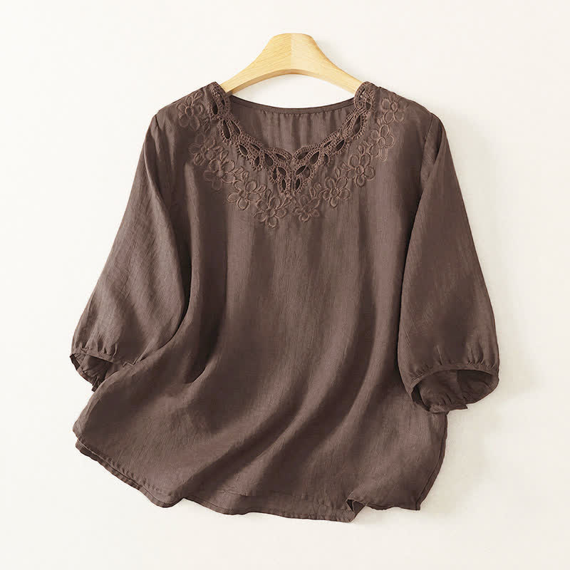Buddha Stones T-shirt da donna a maniche a tre quarti, stile vintage, casual, con scollo rotondo e ricami, tinta unita, ideale per primavera/estate. - Marrone sella - US12, UK/AU16, EU44 (2XL) - image 0