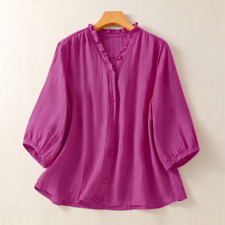 Buddha Stones Camicie da donna a maniche corte, tinta unita, casual, con bottoni, per primavera/estate. - Rosso viola medio - US8-10, UK/AU12-14, EU40-42 (2XL) - image 6