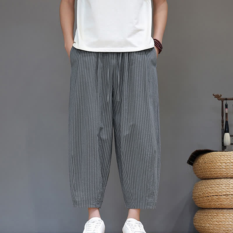 Buddha Stones Pantaloni capri estivi casual minimalisti con coulisse a righe in cotone e lino, pantaloni affusolati da uomo con tasca - image 1