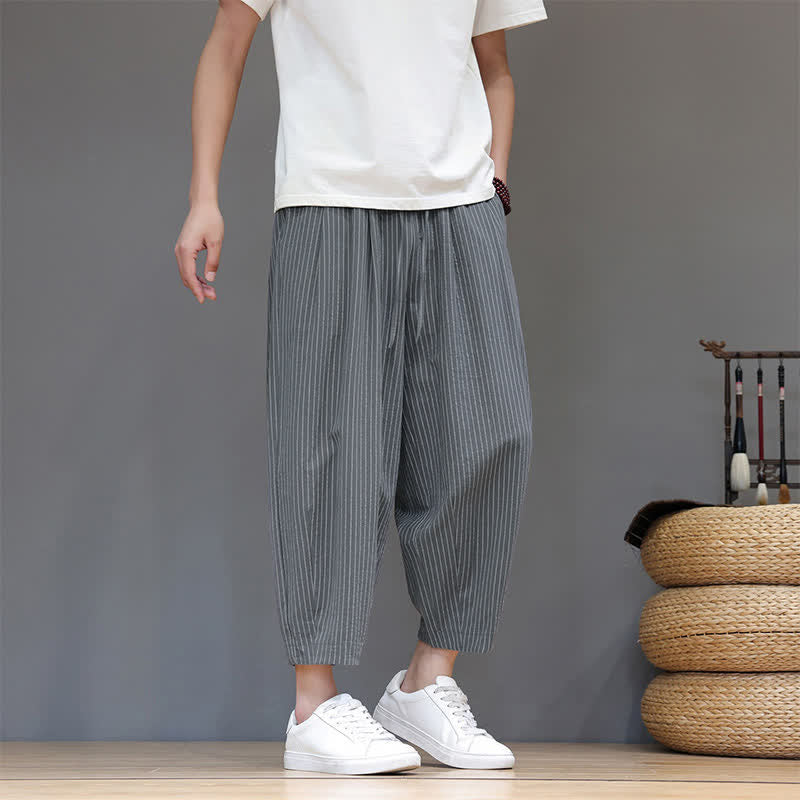 Buddha Stones Pantaloni capri estivi casual minimalisti con coulisse a righe in cotone e lino, pantaloni affusolati da uomo con tasca - Grigio ardesia - US/UK/AU46, EU56 (5XL) - image 0
