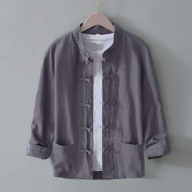Abito cinese Tang con bottoni a forma di rana e motivo Buddha Stones, camicia da uomo in cotone e lino con tasche. - Grigio - US/UK/AU50, EU60 (5XL) - image 0