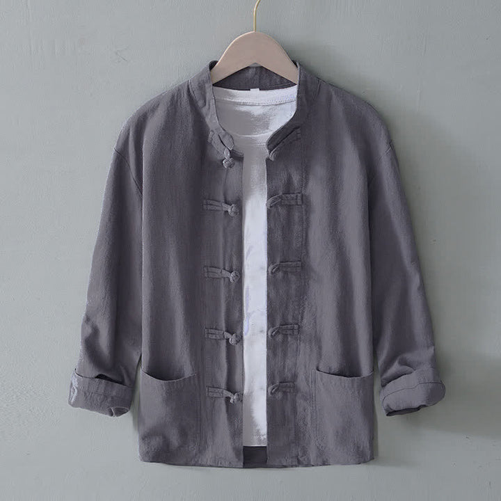 Abito cinese Tang con bottoni a forma di rana e motivo Buddha Stones, camicia da uomo in cotone e lino con tasche. - Grigio - US/UK/AU50, EU60 (5XL) - image 0