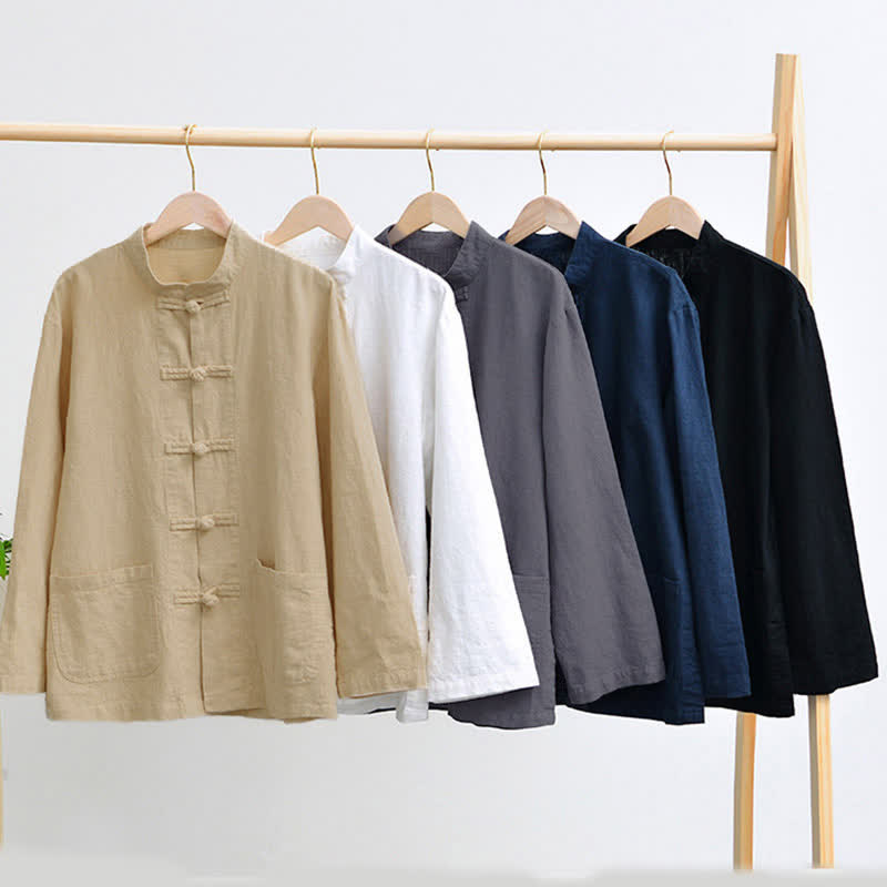Abito cinese Tang con bottoni a forma di rana e motivo Buddha Stones, camicia da uomo in cotone e lino con tasche. - image 1