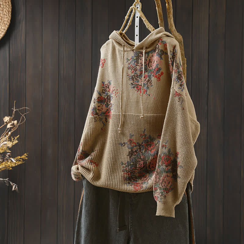 Maglione da donna a maniche lunghe con cappuccio e stampa floreale Buddha Stones - Legno robusto - US4, UK/AU8, EU36-38 (F) - image 0