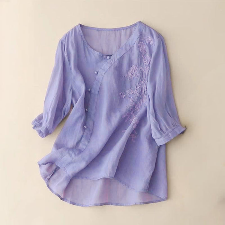 Camicia da donna a maniche corte con bottoni e rana, casual e ampia, con ricamo floreale Buddha Stones - Viola medio - US14, UK/AU18, EU46 (4XL) - image 2