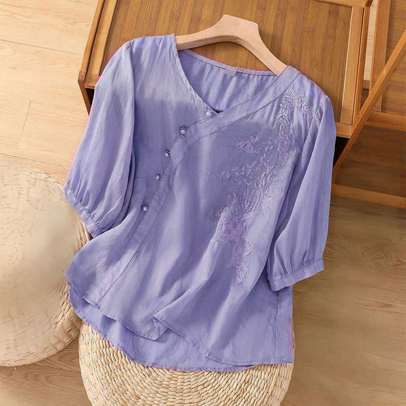 Camicia da donna a maniche corte con bottoni e rana, casual e ampia, con ricamo floreale Buddha Stones - image 3