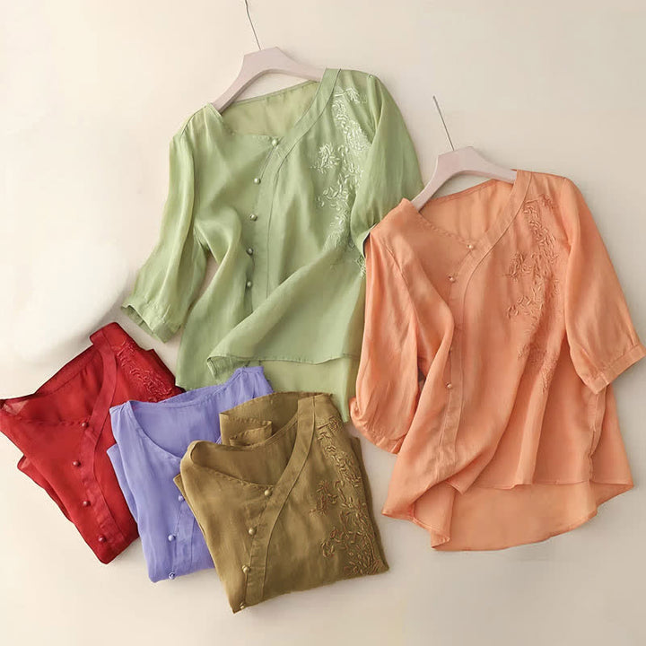 Camicia da donna a maniche corte con bottoni e rana, casual e ampia, con ricamo floreale Buddha Stones - image 9