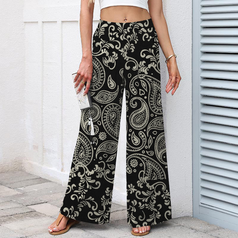 Buddha Stones Pantaloni da donna a gamba larga con elastico in vita e tasche, in cotone e lino, con fantasia paisley vintage. - image 1