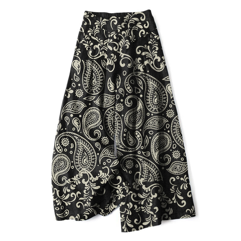 Buddha Stones Pantaloni da donna a gamba larga con elastico in vita e tasche, in cotone e lino, con fantasia paisley vintage. - Nero - US16, UK/AU20, EU48 (3XL) - image 0