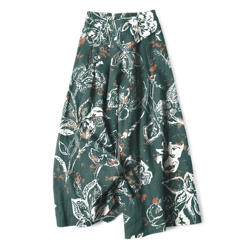 Buddha Stones Pantaloni da donna a gamba larga, in cotone e lino, stile vintage, con fantasia floreale bianca e vita elasticizzata, con tasche. - Verde acqua - US16, UK/AU20, EU48 (3XL) - image 0