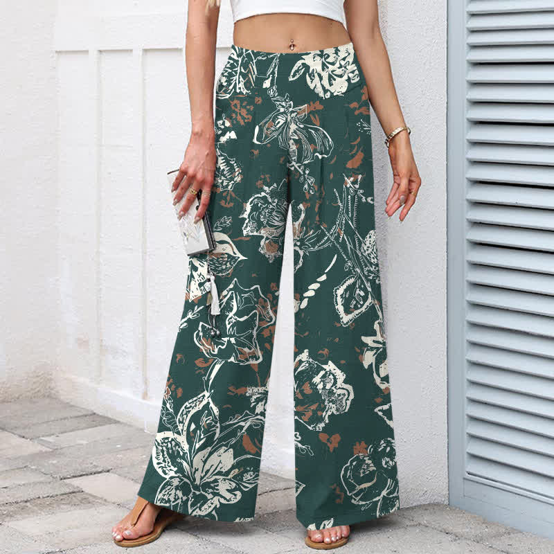 Buddha Stones Pantaloni da donna a gamba larga, in cotone e lino, stile vintage, con fantasia floreale bianca e vita elasticizzata, con tasche. - image 1