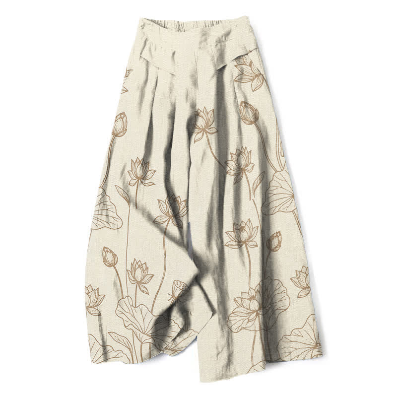 Buddha Stones Pantaloni da donna a gamba larga con elastico in vita e tasche, in cotone e lino, con motivo vintage a loto e disegno a linee. - Beige - US16, UK/AU20, EU48 (3XL) - image 0