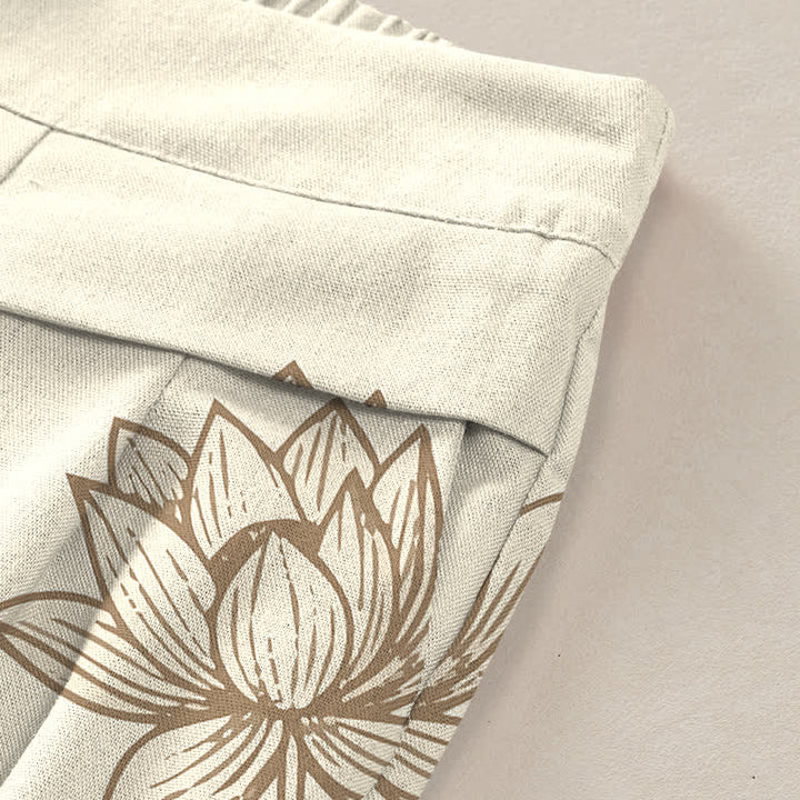 Buddha Stones Pantaloni da donna a gamba larga con elastico in vita e tasche, in cotone e lino, con motivo vintage a loto e disegno a linee. - image 2
