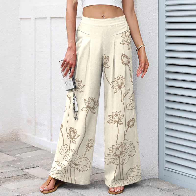 Buddha Stones Pantaloni da donna a gamba larga con elastico in vita e tasche, in cotone e lino, con motivo vintage a loto e disegno a linee. - image 1