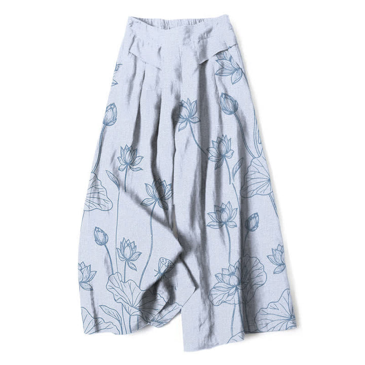 Buddha Stones Pantaloni da donna a gamba larga con elastico in vita e tasche, in cotone e lino, con motivo vintage a loto e disegno a linee. - AliceBlue - US16, UK/AU20, EU48 (3XL) - image 6