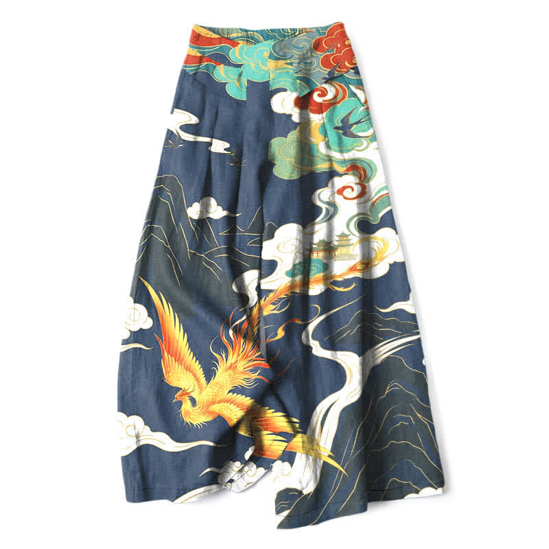 Buddha Stones Pantaloni da donna in cotone e lino con elastico in vita e gamba larga, fantasia "Fenice e Nuvole", con tasche. - Marina - US16, UK/AU20, EU48 (3XL) - image 0