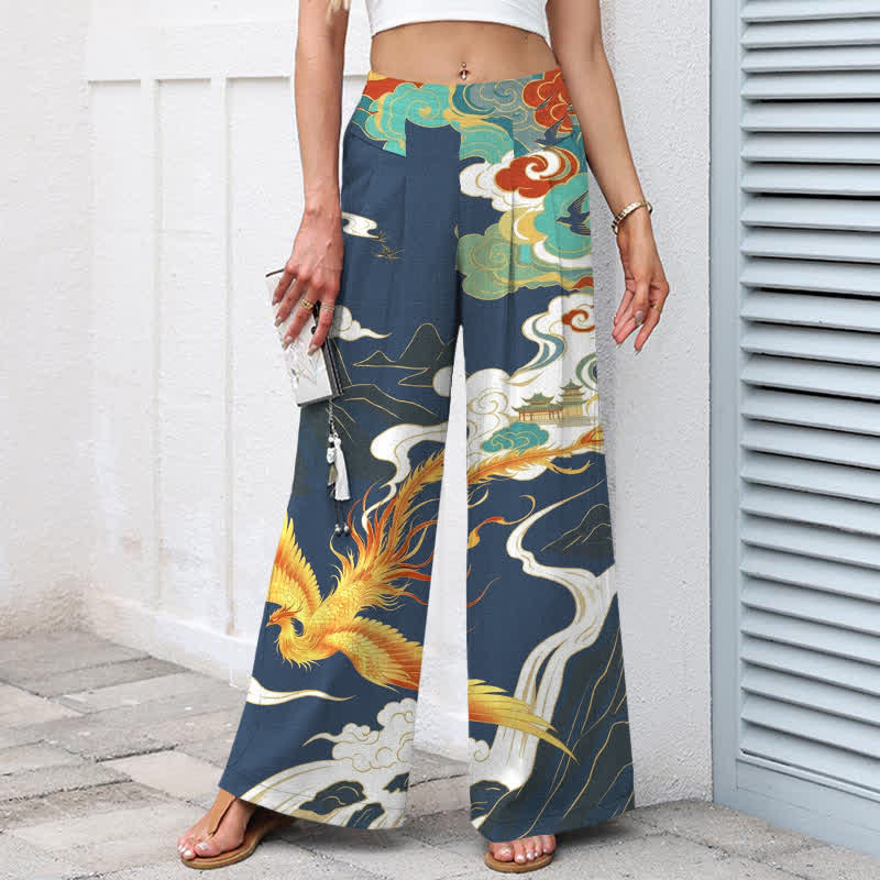 Buddha Stones Pantaloni da donna in cotone e lino con elastico in vita e gamba larga, fantasia "Fenice e Nuvole", con tasche. - image 1