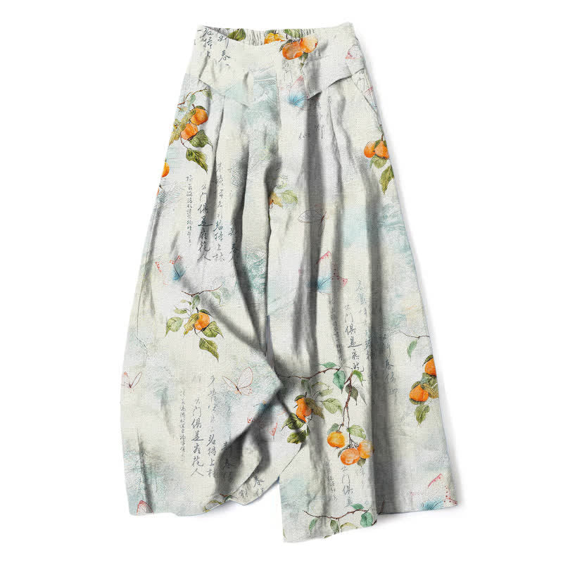 Buddha Stones Pantaloni da donna in cotone e lino con elastico in vita e gamba larga, fantasia vintage a farfalle e agrumi, con motivo a vita alta e tasche. - Azzurro - US16, UK/AU20, EU48 (3XL) - image 0
