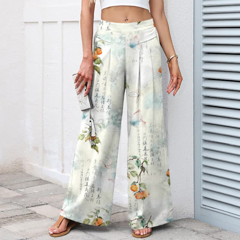 Buddha Stones Pantaloni da donna in cotone e lino con elastico in vita e gamba larga, fantasia vintage a farfalle e agrumi, con motivo a vita alta e tasche. - image 1