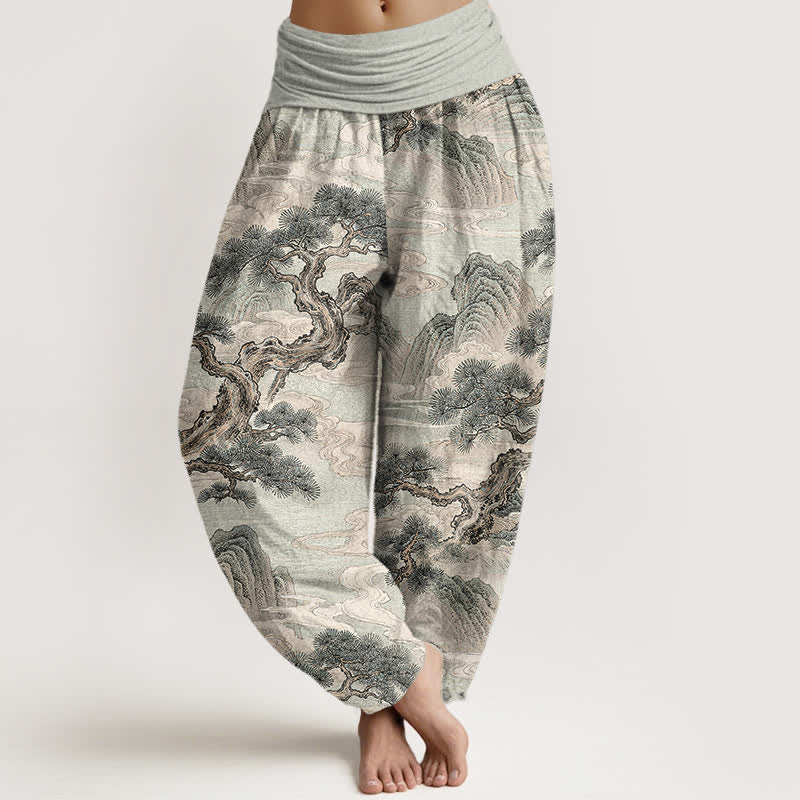 Buddha Stones Pantaloni harem da donna in cotone con stampa paesaggistica e lavaggio a inchiostro, con elastico in vita. - Grigio chiaro - US16, UK/AU20, EU48 (3XL) - image 0