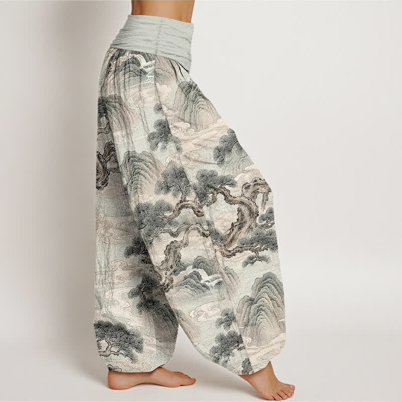 Buddha Stones Pantaloni harem da donna in cotone con stampa paesaggistica e lavaggio a inchiostro, con elastico in vita. - image 1