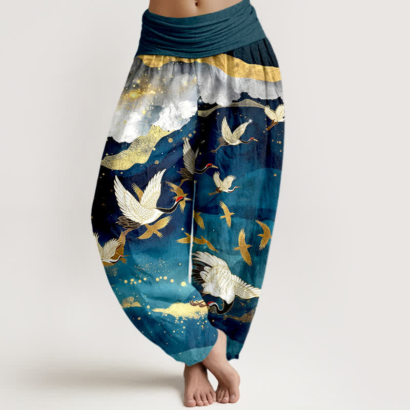 Buddha Stones Pantaloni harem da donna in cotone con motivo gru volante e nuvole dorate, con elastico in vita. - Verde acqua - US16, UK/AU20, EU48 (3XL) - image 0