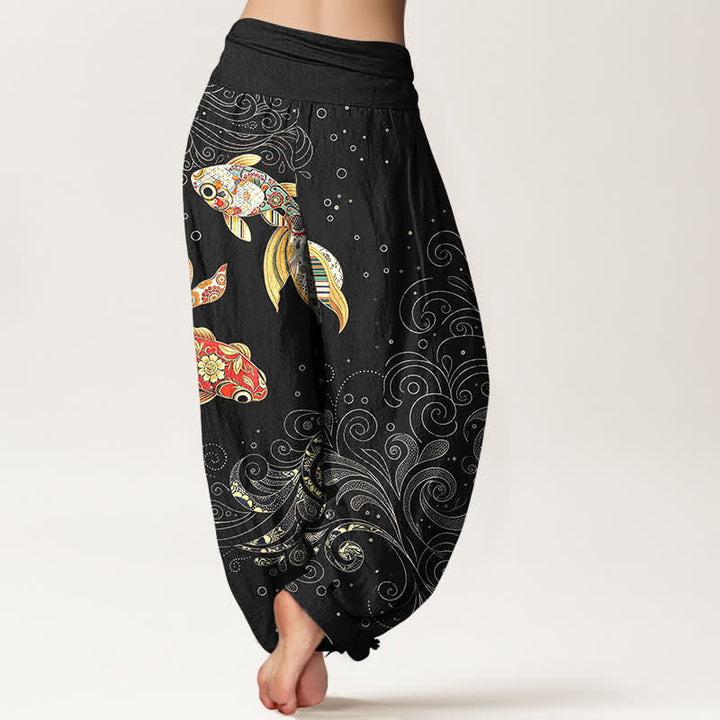 Buddha Stones Pantaloni harem da donna in cotone con motivo a spirale di pesci koi e vita elasticizzata. - image 2