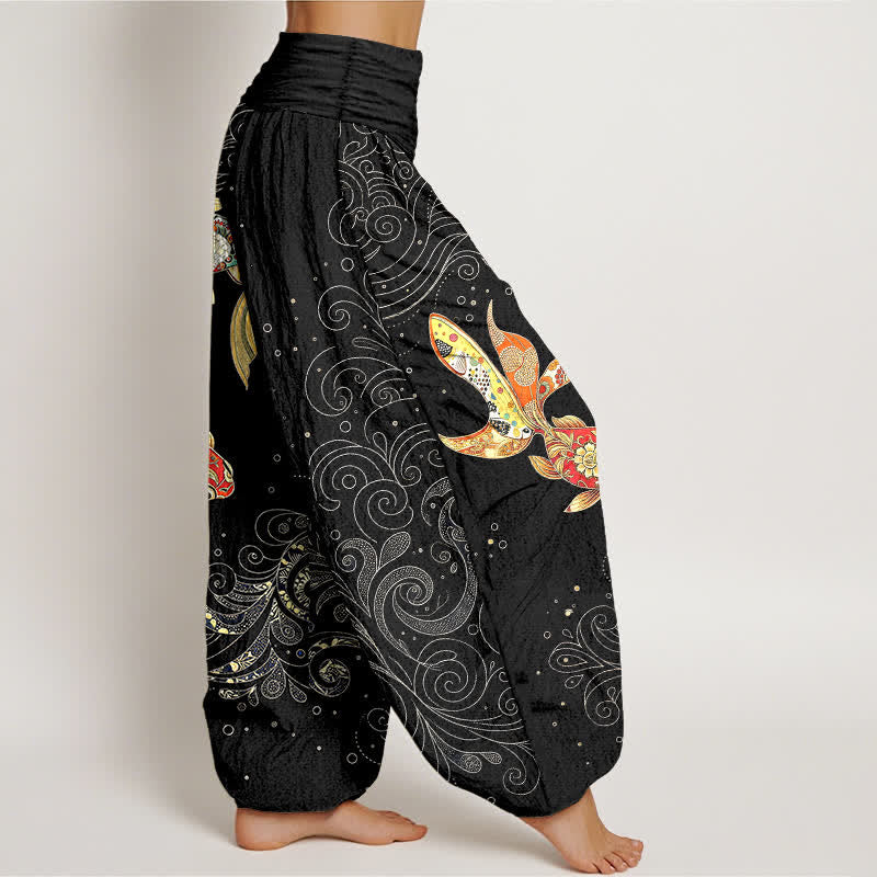 Buddha Stones Pantaloni harem da donna in cotone con motivo a spirale di pesci koi e vita elasticizzata. - image 1