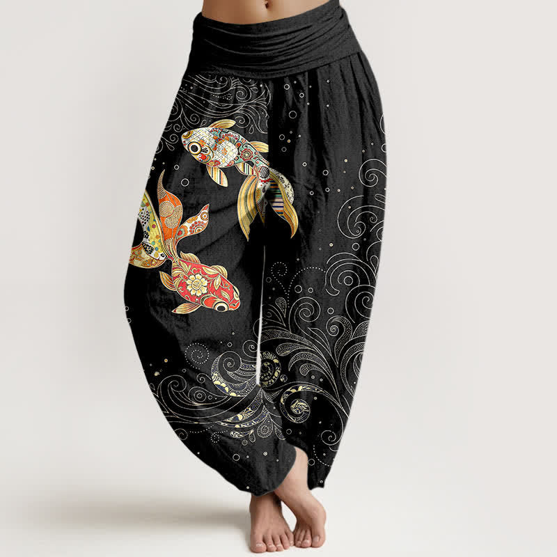 Buddha Stones Pantaloni harem da donna in cotone con motivo a spirale di pesci koi e vita elasticizzata. - Nero - US16, UK/AU20, EU48 (3XL) - image 0