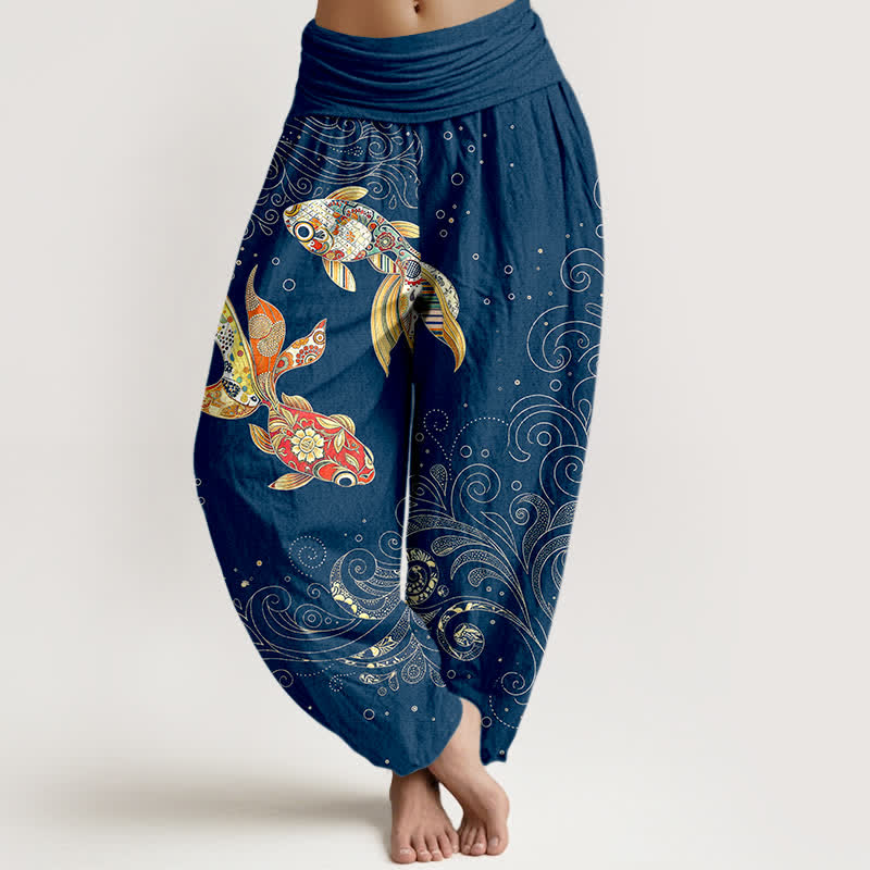 Buddha Stones Pantaloni harem da donna in cotone con motivo a spirale di pesci koi e vita elasticizzata. - Marina - US16, UK/AU20, EU48 (3XL) - image 5