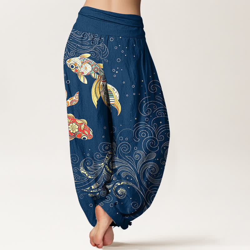 Buddha Stones Pantaloni harem da donna in cotone con motivo a spirale di pesci koi e vita elasticizzata. - image 7