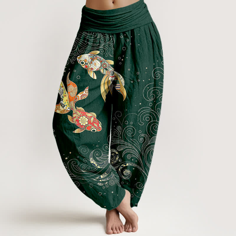Buddha Stones Pantaloni harem da donna in cotone con motivo a spirale di pesci koi e vita elasticizzata. - Verde scuro - US16, UK/AU20, EU48 (3XL) - image 8