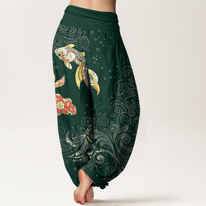 Buddha Stones Pantaloni harem da donna in cotone con motivo a spirale di pesci koi e vita elasticizzata. - image 10