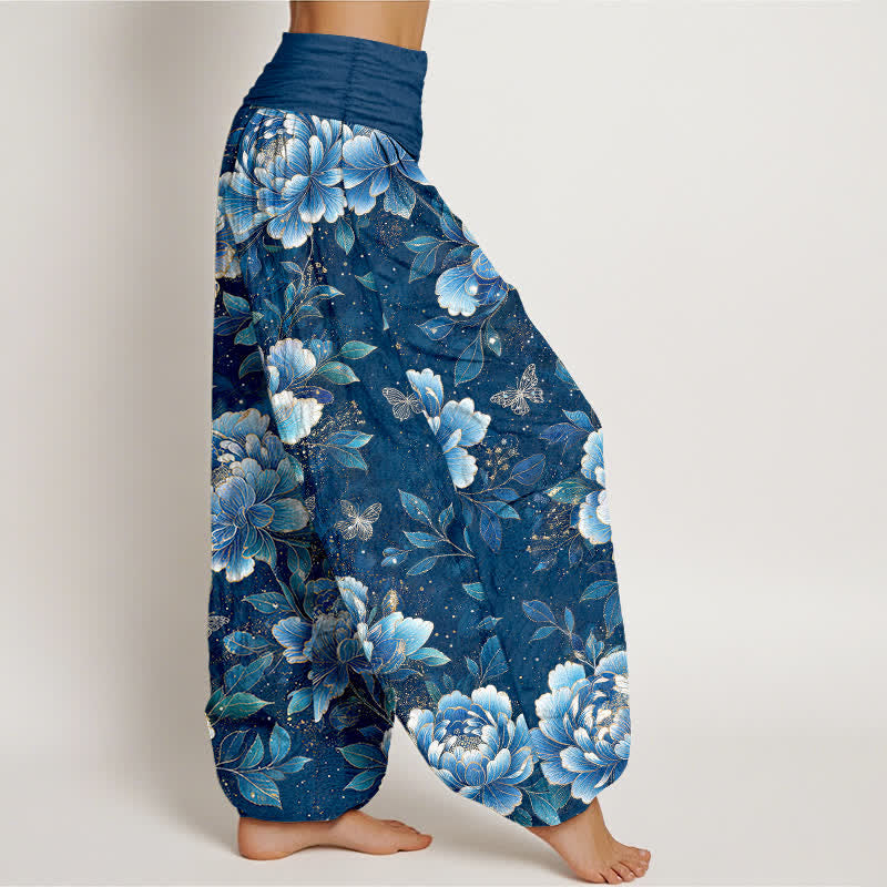 Buddha Stones Pantaloni harem da donna in cotone con motivo peonie e farfalle, con elastico in vita. - image 1