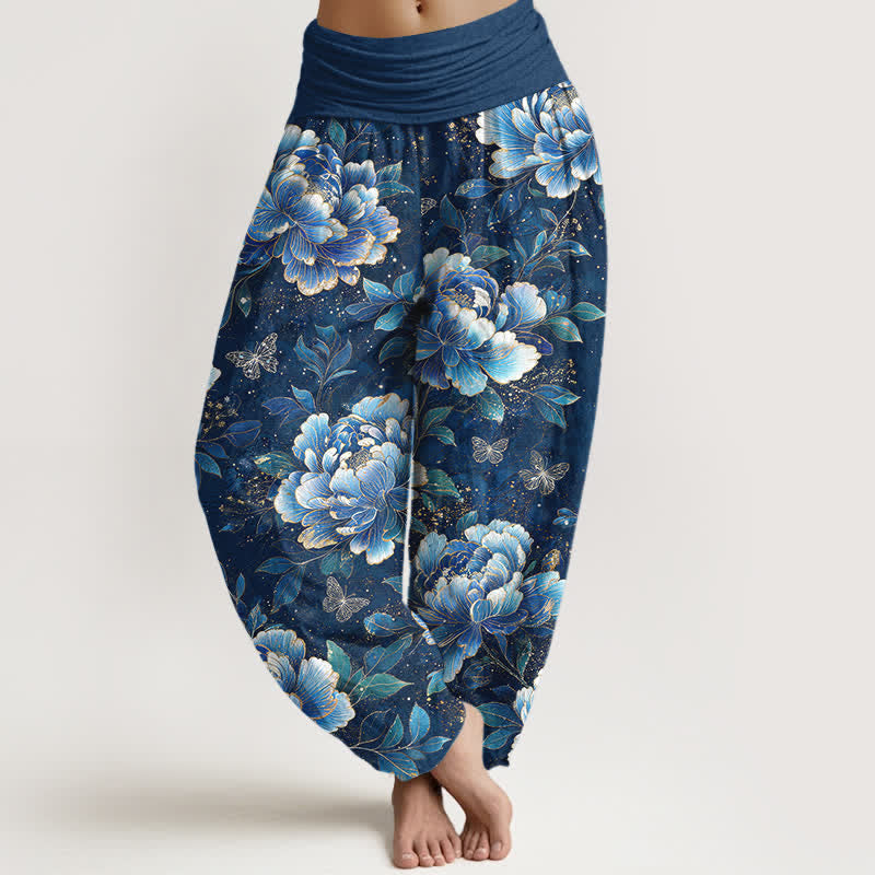 Buddha Stones Pantaloni harem da donna in cotone con motivo peonie e farfalle, con elastico in vita. - Marina - US16, UK/AU20, EU48 (3XL) - image 0