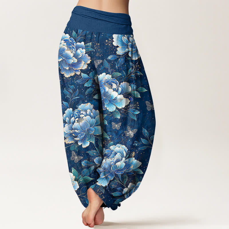 Buddha Stones Pantaloni harem da donna in cotone con motivo peonie e farfalle, con elastico in vita. - image 2