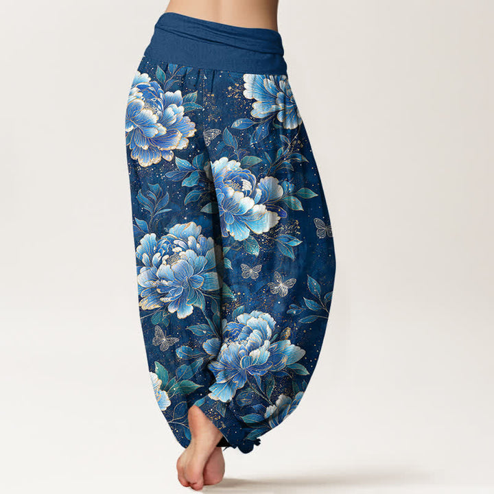 Buddha Stones Pantaloni harem da donna in cotone con motivo peonie e farfalle, con elastico in vita. - image 2