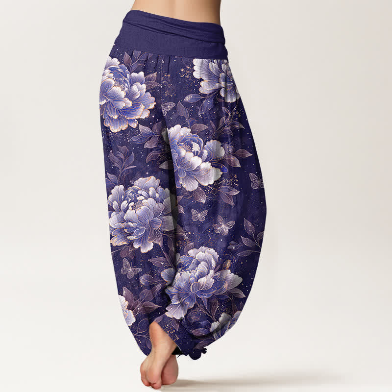 Buddha Stones Pantaloni harem da donna in cotone con motivo peonie e farfalle, con elastico in vita. - image 7