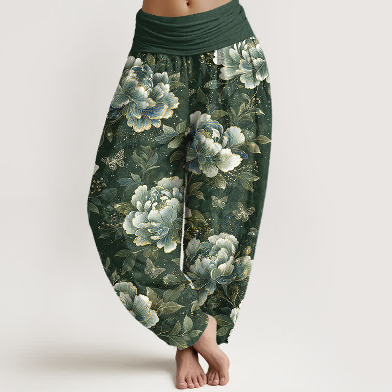 Buddha Stones Pantaloni harem da donna in cotone con motivo peonie e farfalle, con elastico in vita. - Verde mare - US16, UK/AU20, EU48 (3XL) - image 8