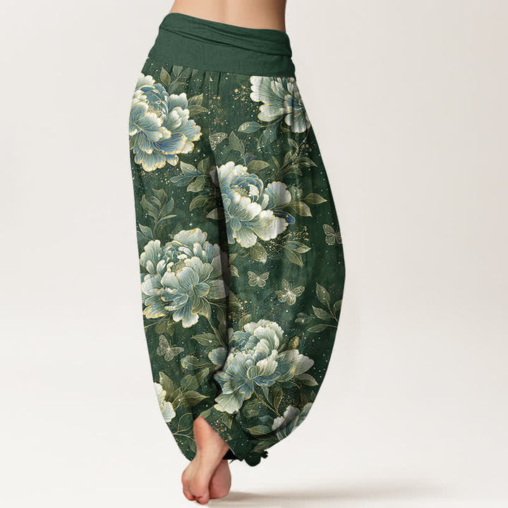 Buddha Stones Pantaloni harem da donna in cotone con motivo peonie e farfalle, con elastico in vita. - image 10