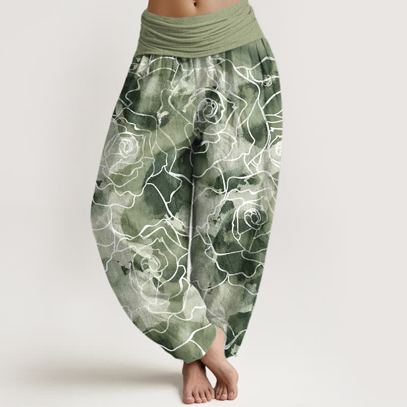 Buddha Stones Pantaloni harem da donna in cotone bianco con motivo a rose stilizzate e vita elasticizzata. - Verde Mare Scuro - US16, UK/AU20, EU48 (3XL) - image 0