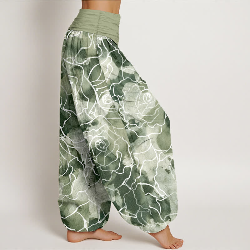 Buddha Stones Pantaloni harem da donna in cotone bianco con motivo a rose stilizzate e vita elasticizzata. - image 1